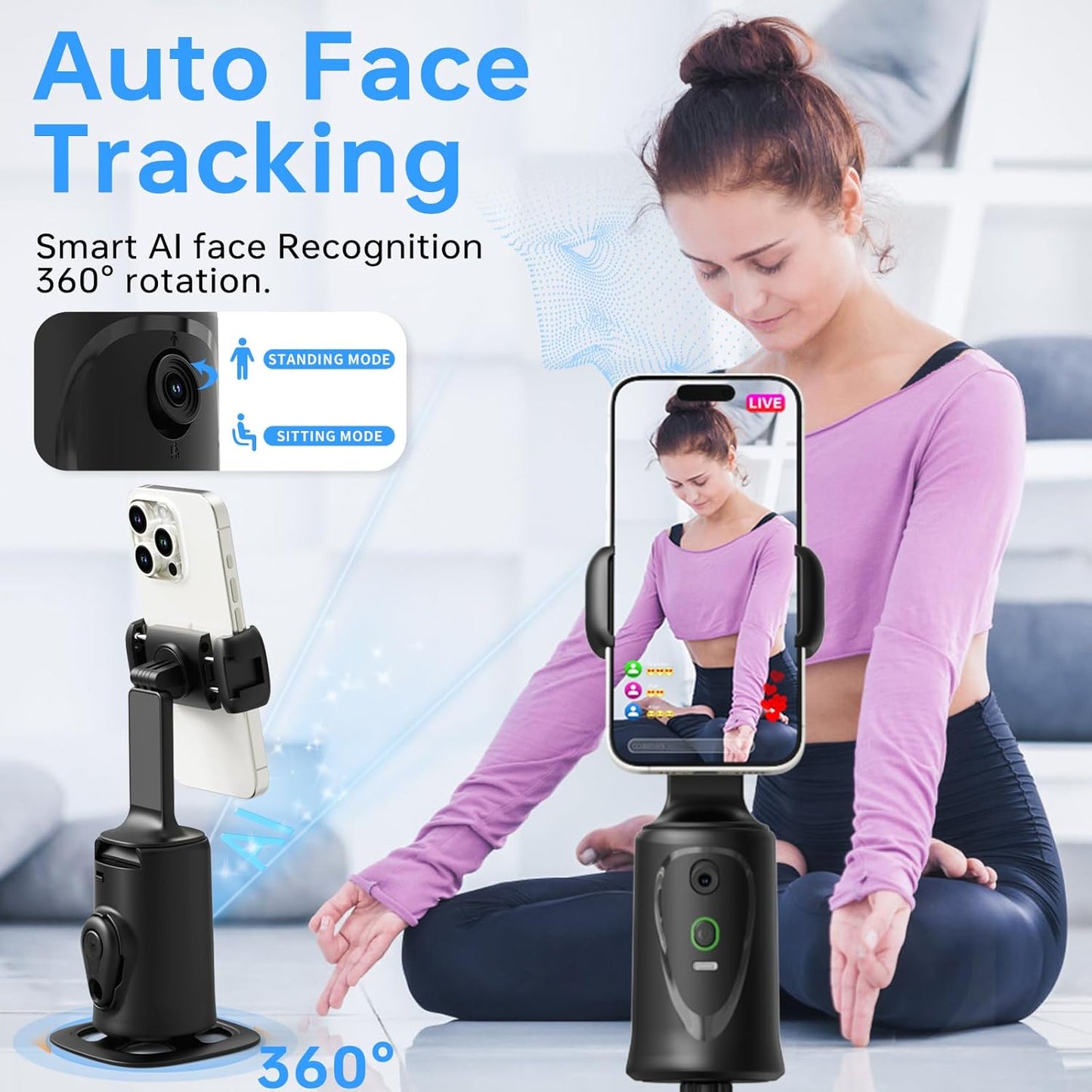 CoralBond Auto Face Tracking Smart Tripod 360° Rotation Body Phone Camera Mount Gesture Control VB102