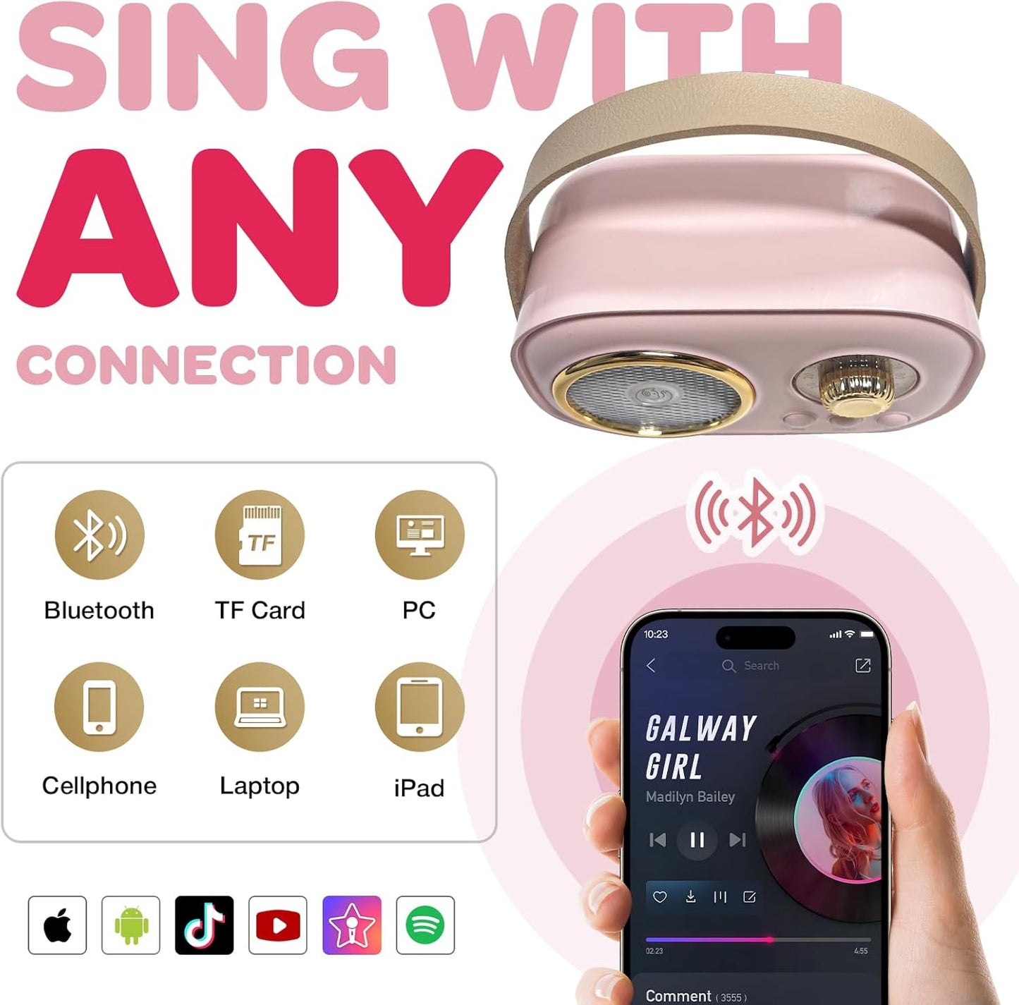 CoralBond Karaoke Machine Pink Best Mini Karaoke 2 Wireless Bluetooth Microphones VB043