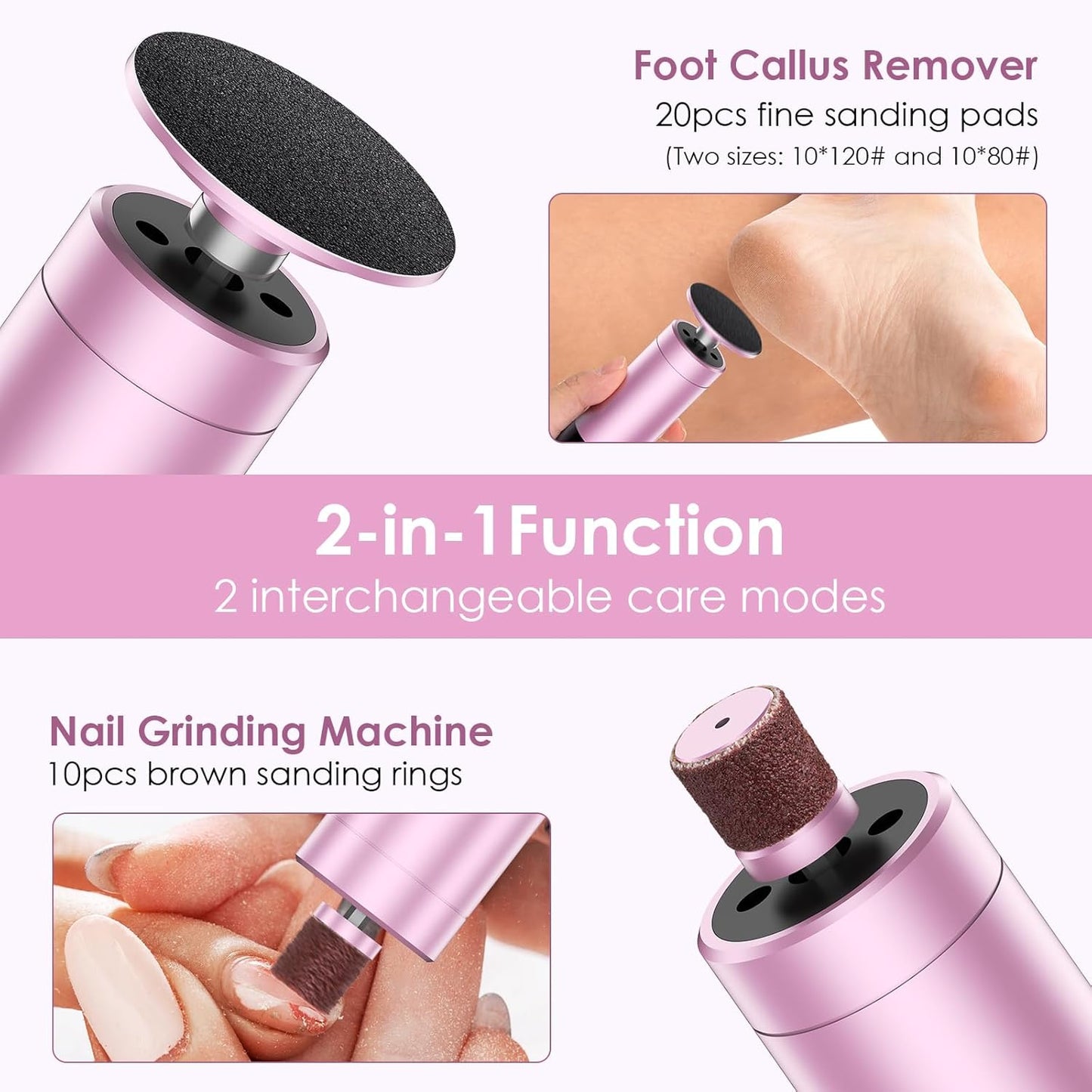 CoralBond Professional 2-in-1 Electric Foot Feet Callus Remover Rose Gold Adjustable Portable Nail File Grinder Kit VB078