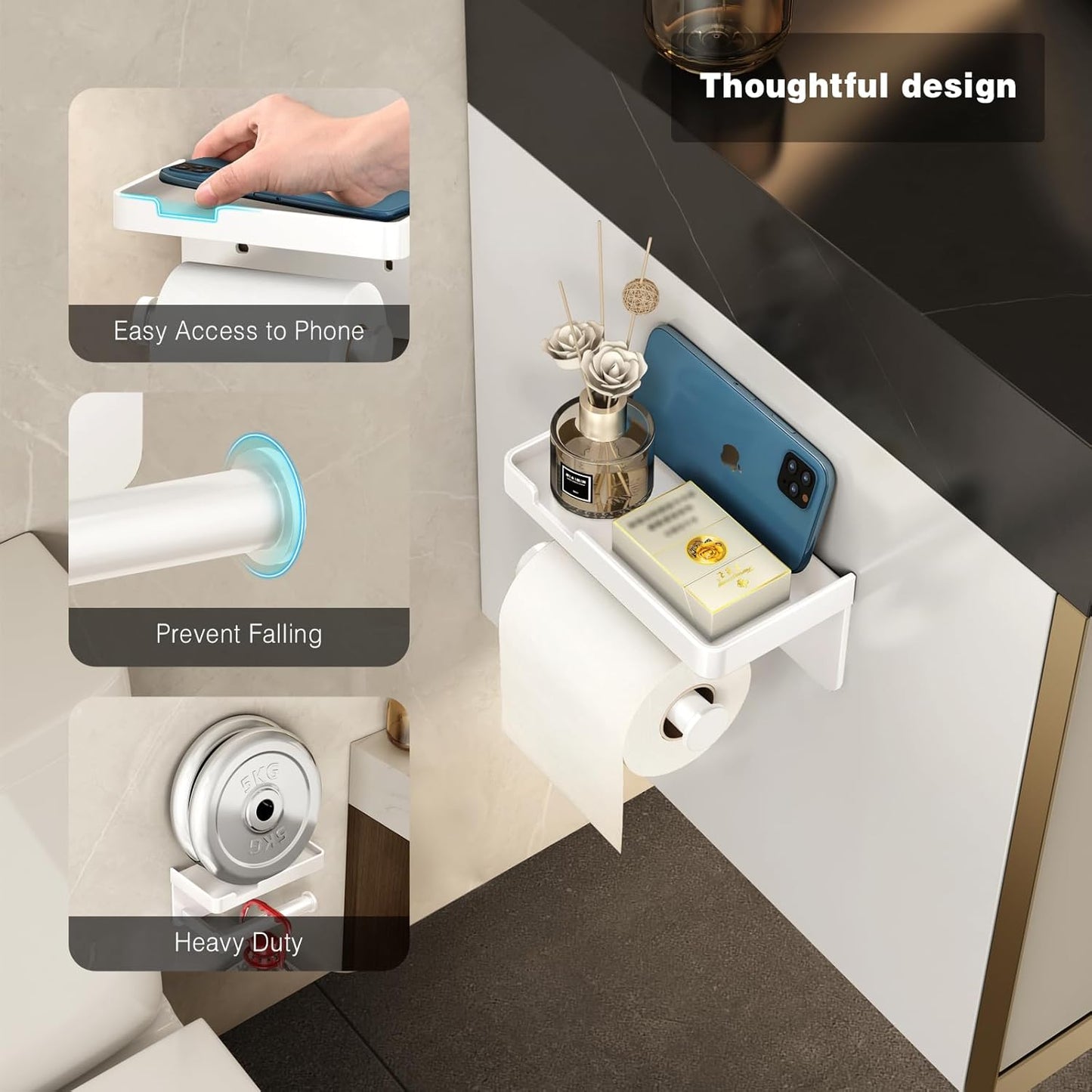 CoralBond Toilet Tissue Roll Paper Holder White Phone Shelf Self-Adhesive Screw-in Wall Mount VB013