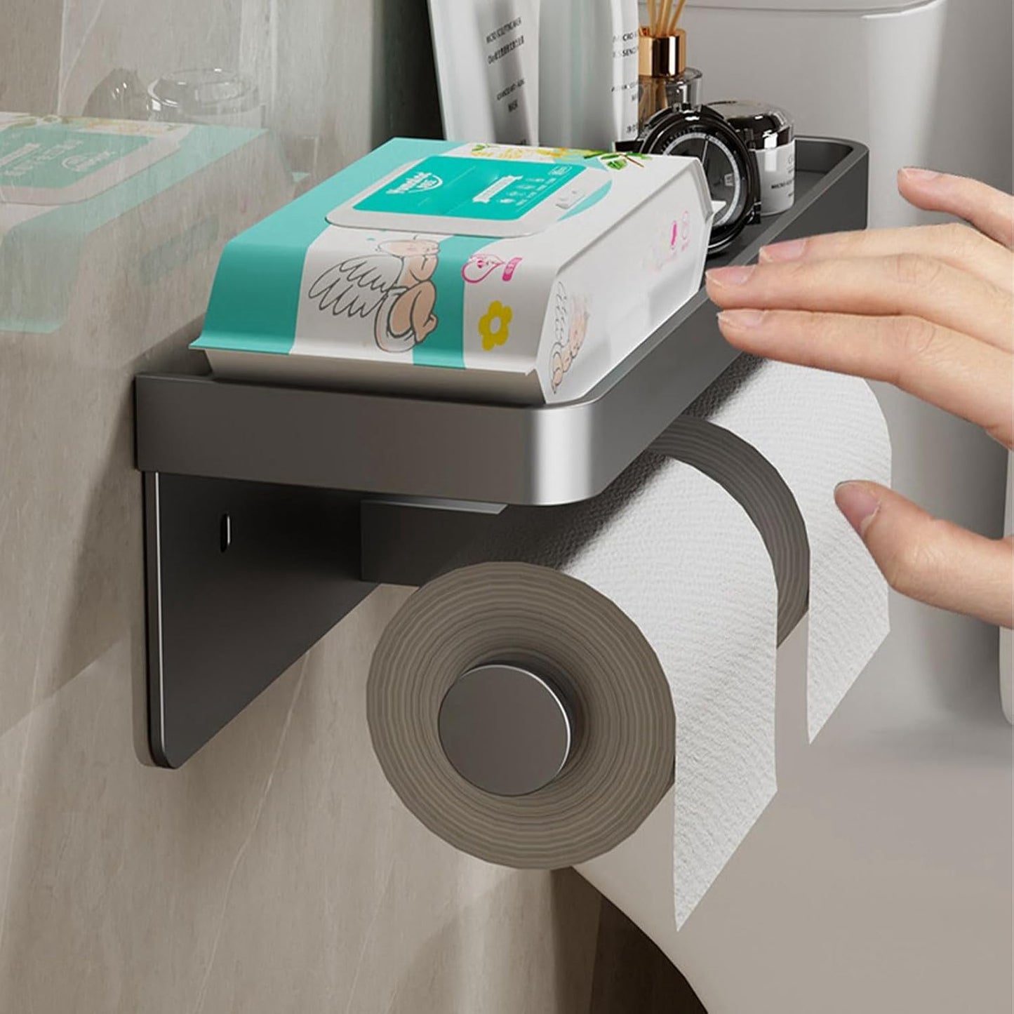 CoralBond Toilet Paper Roll Holder Grey Shelf Wall Mount Bathroom Kitchen RV VB015