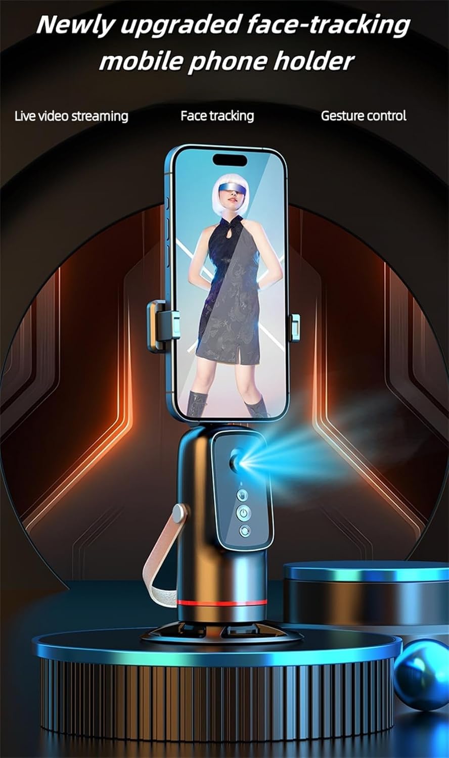 CoralBond Face Body Phone Camera Stand Black Moving Tripod 360° Rotation Motion Sensor Track Automatic Recognition VB101