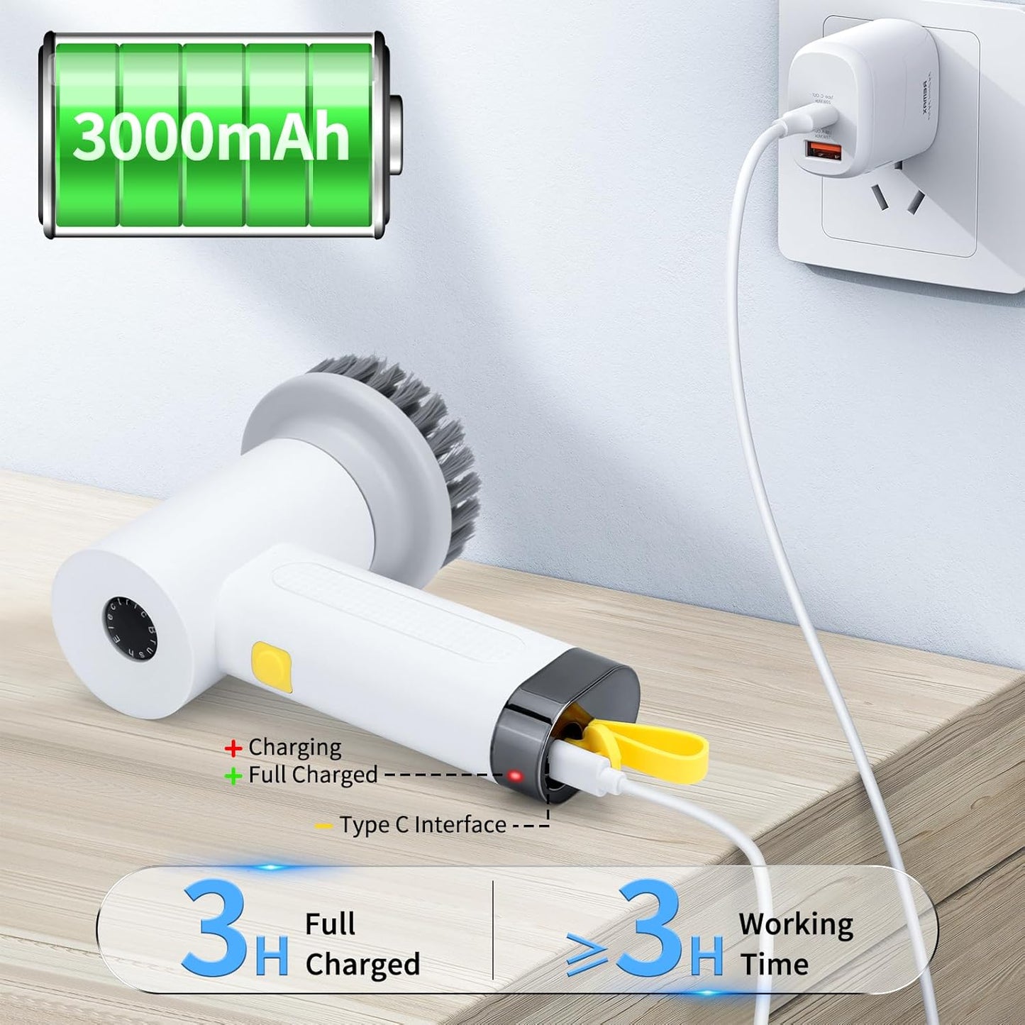 CoralBond 3000ma Cordless Electric Spin Brush Scrubber Handheld Cleaning VB060