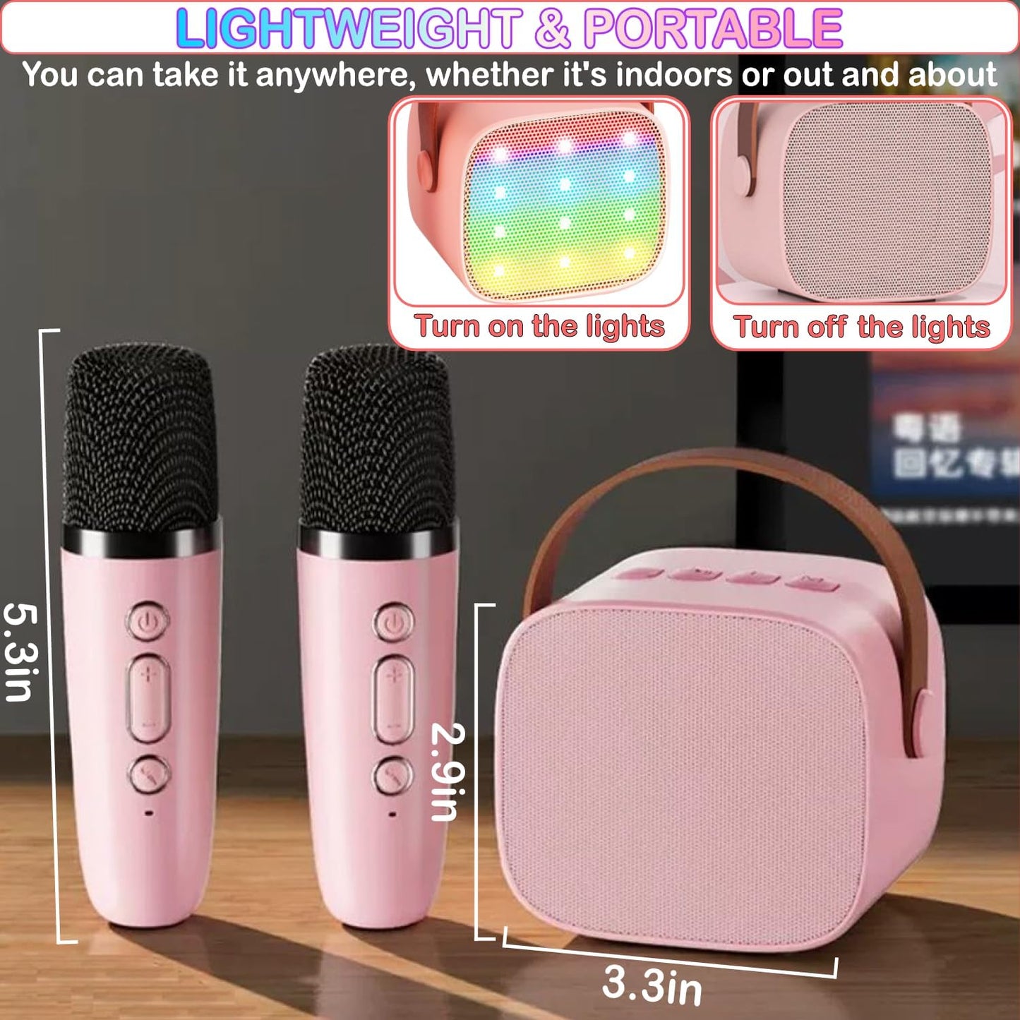 CoralBond Mini Karaoke Machine Pink 2 Wireless Bluetooth Microphones VB051