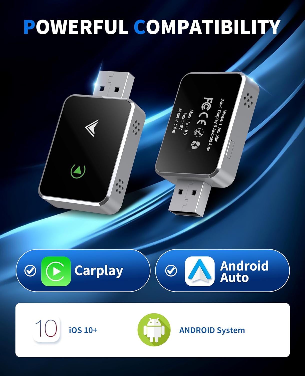 CoralBond Wireless 2-in-1 CarPlay Adapter Upgraded Mini Size Android Auto VB112