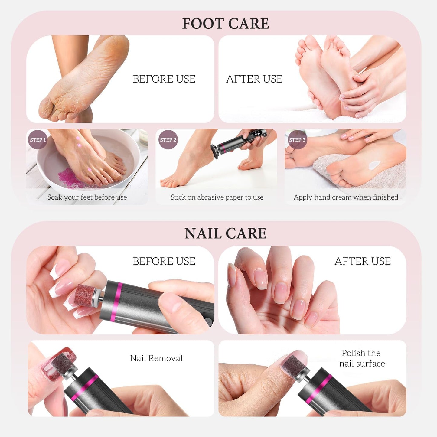 CoralBond 2-in-1 Electric Callus Foot Feet File Nail Grinder Gray Grinder Rechargeable Remover LED VB072