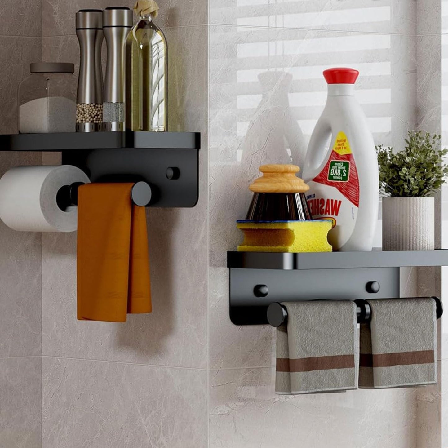 CoralBond Toilet Paper Roll Holder Black Shelf Wall Mount Holder Bathroom Kitchen RV VB014