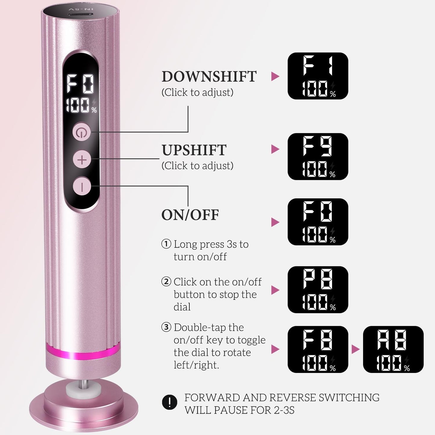 CoralBond 2-in-1 Electric Callus Foot Feet File Nail Grinder Rechargeable Remover LED Pink VB073