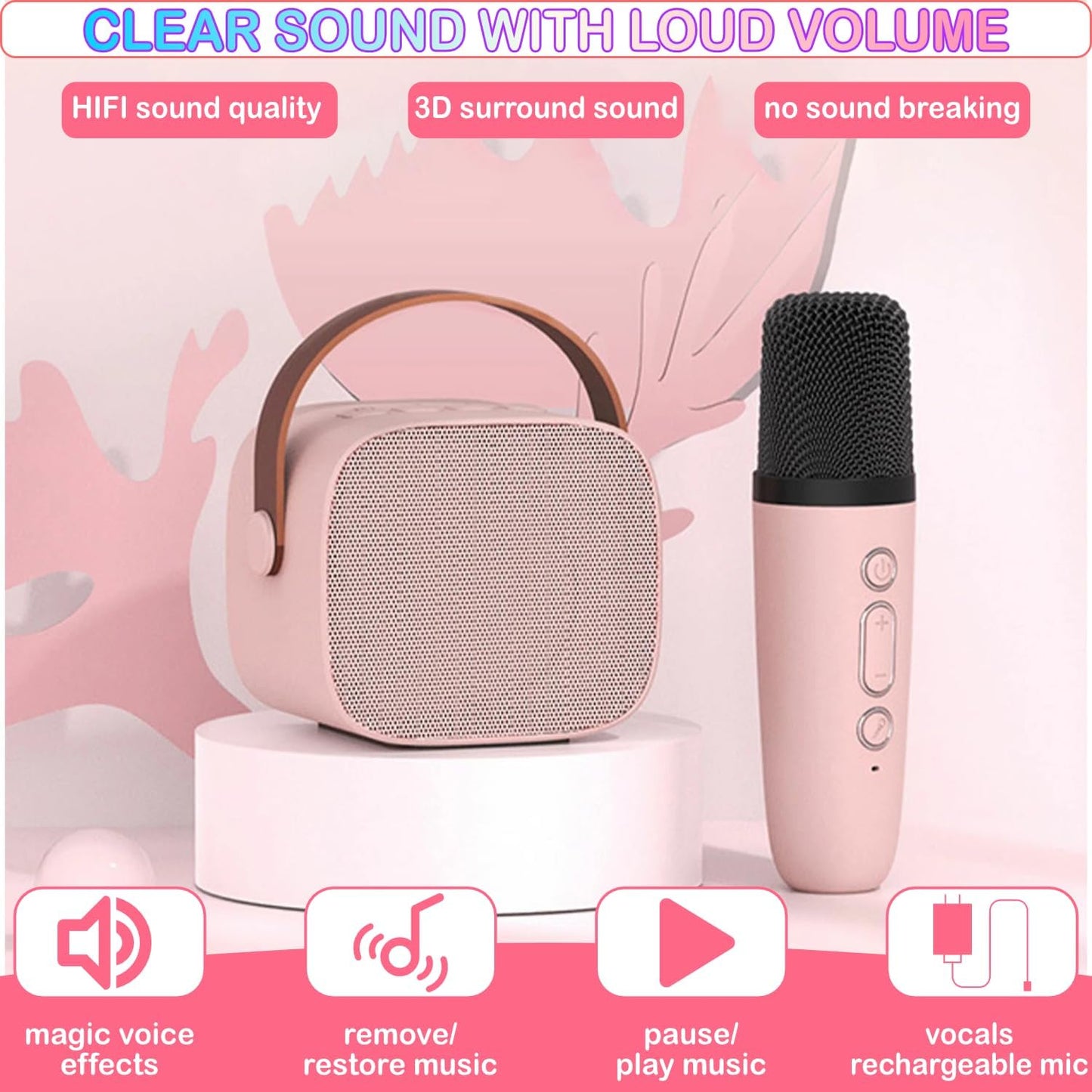 CoralBond Mini Karaoke Machine Pink 2 Wireless Bluetooth Microphones VB051