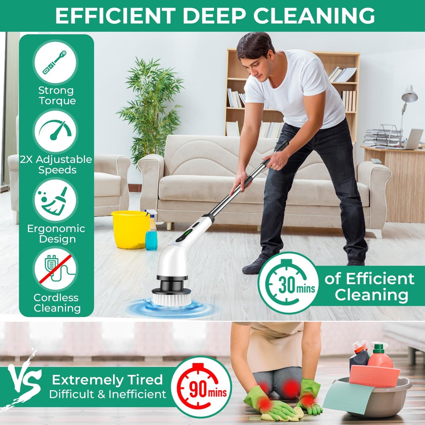 CoralBond High Power Cordless Electric Rotating Spin Cleaning Brush Scrubber Multi Surface Pads Adjustable Angle Duster VB057