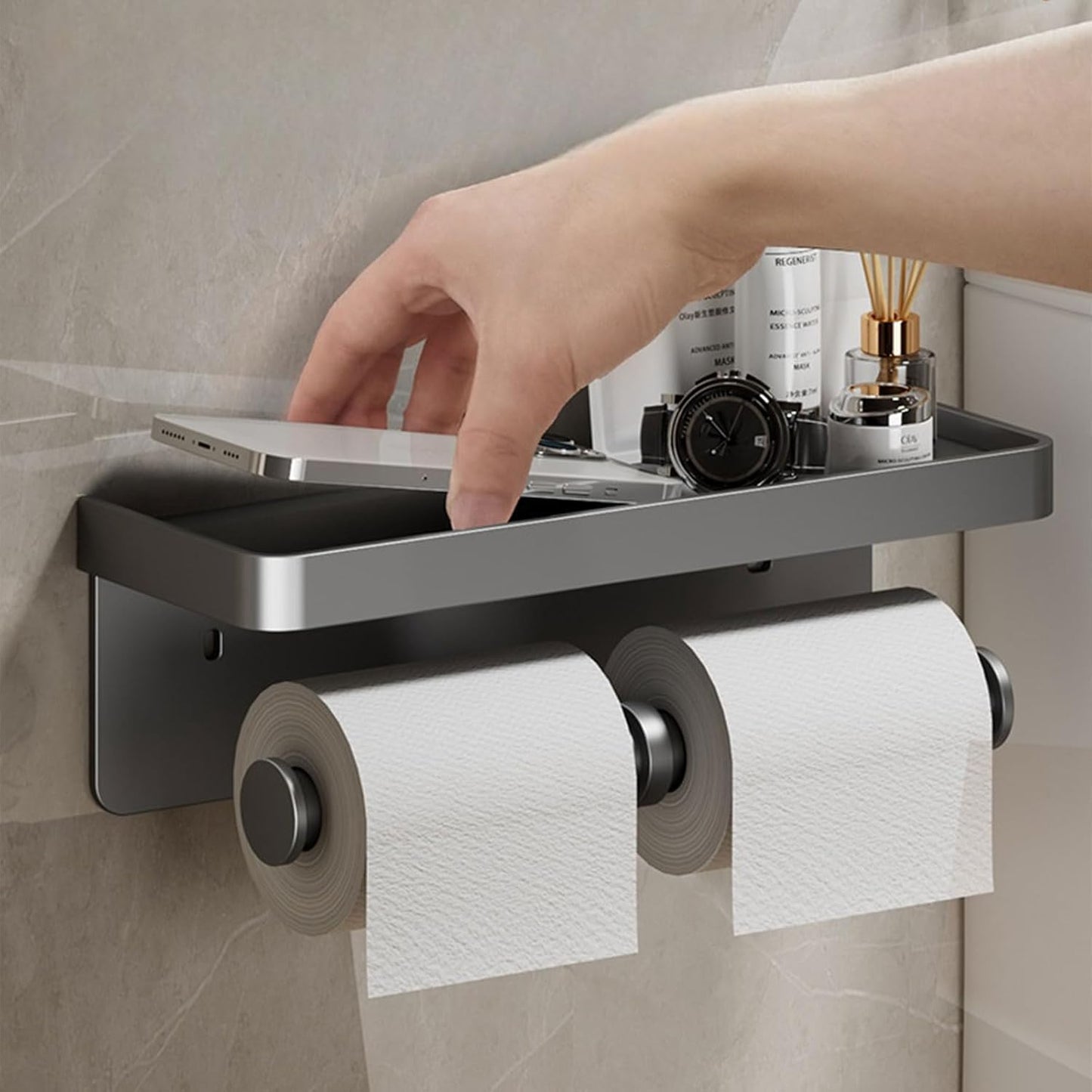 CoralBond Toilet Paper Roll Holder Grey Shelf Wall Mount Bathroom Kitchen RV VB015