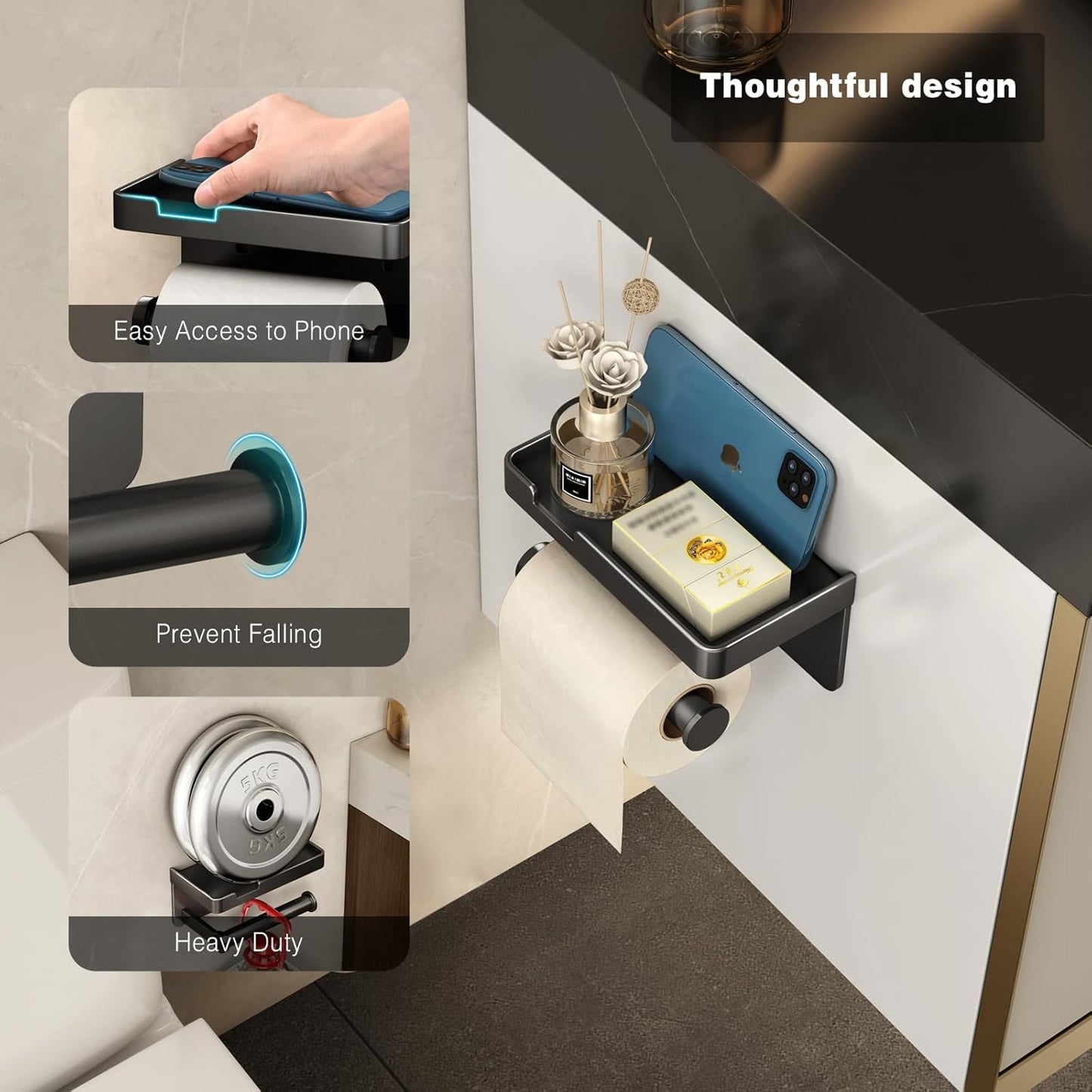 CoralBond Toilet Tissue Roll Paper Holder Black Phone Shelf Self-Adhesive Screw-in Wall Mount VB011