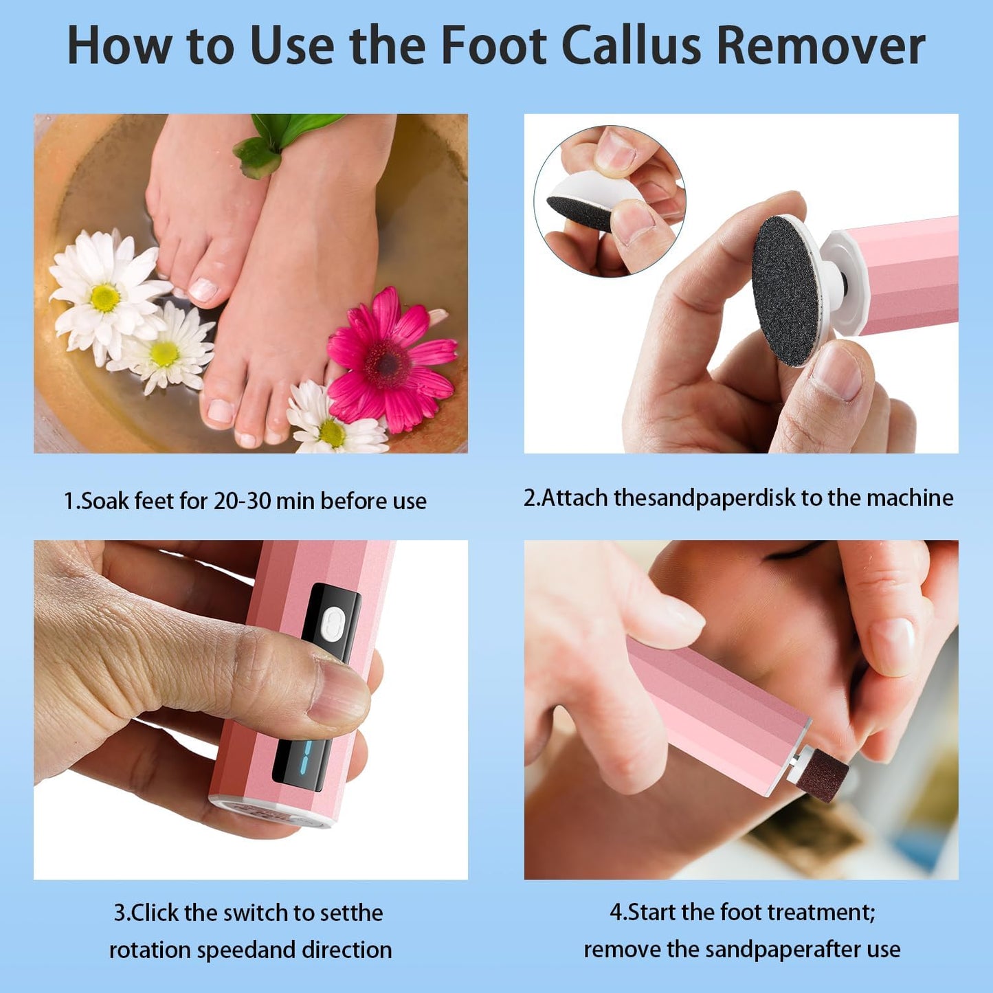 CoralBond Electric Foot Feet Callus Remover Pink Rechargeable Adjustable Speed File VB075