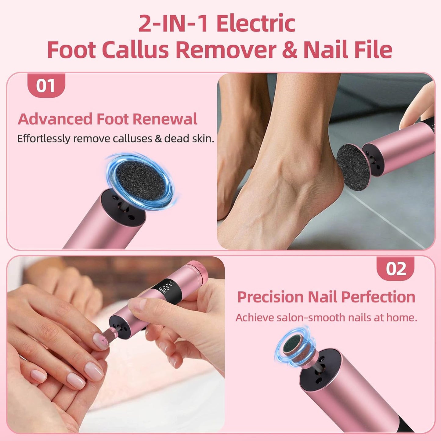 CoralBond 2-in-1 Electric Foot Feet Callus Remover Nail File Pedicure Kit Digital Screen VB077