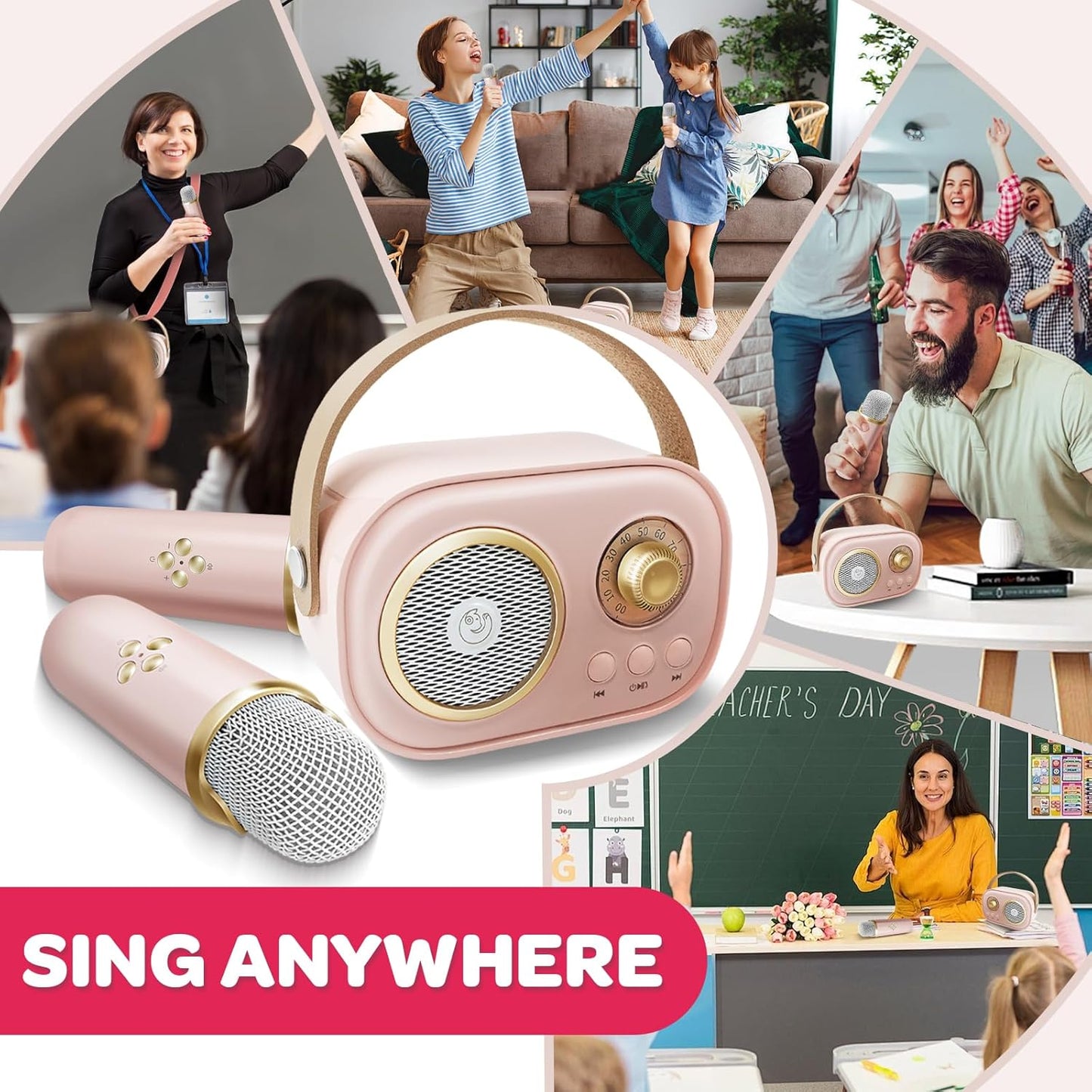 CoralBond Karaoke Machine Pink Best Mini Karaoke 2 Wireless Bluetooth Microphones VB043