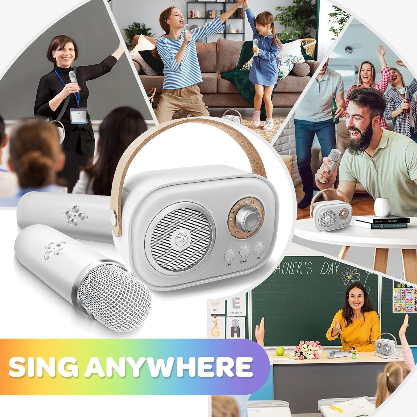 CoralBond Karaoke Machine White Best Mini 2 Wireless Bluetooth Microphones VB044
