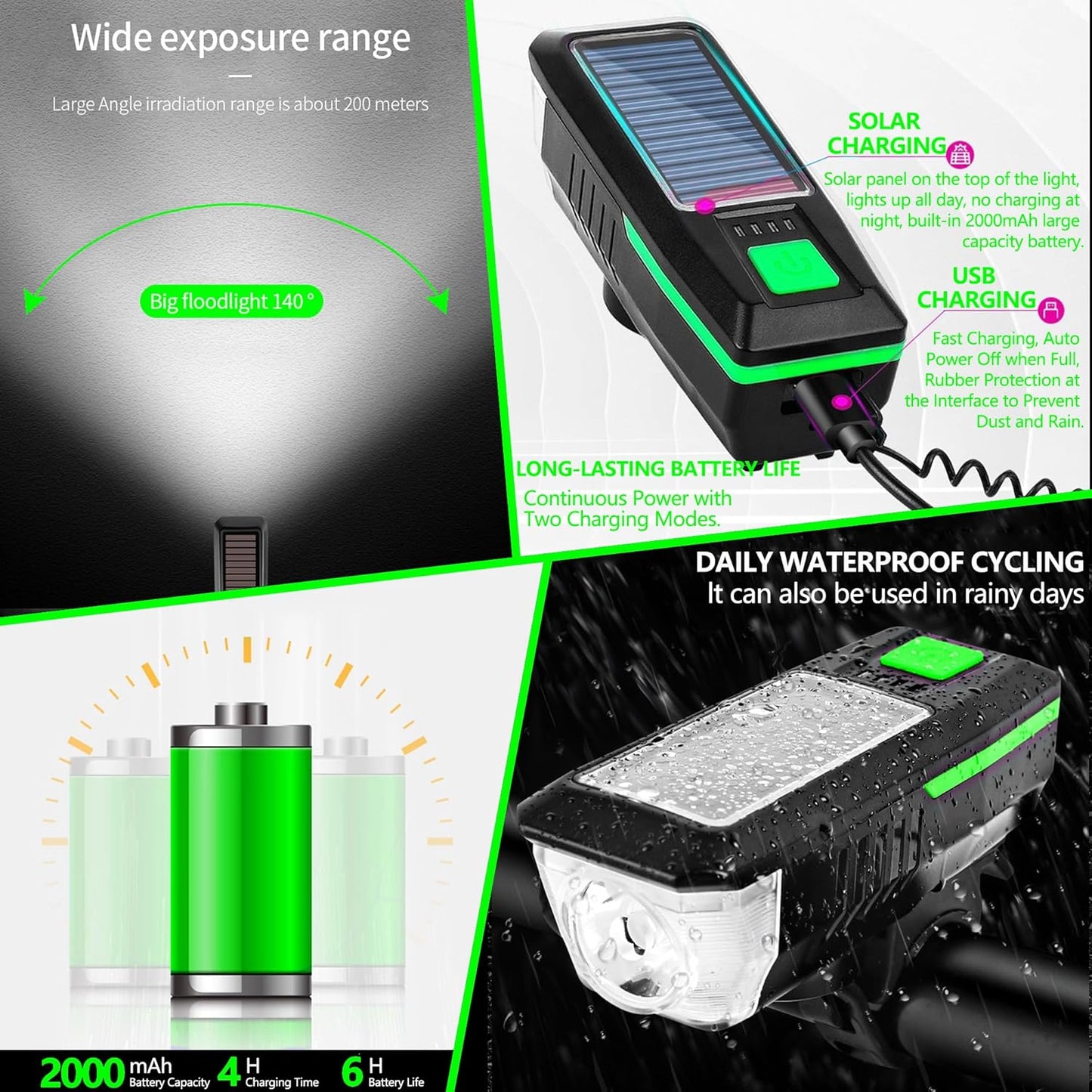 CoralBond Solar USB Bike Horn Headlight Dual Charging Light High Brightness Waterproof Ideal VB114