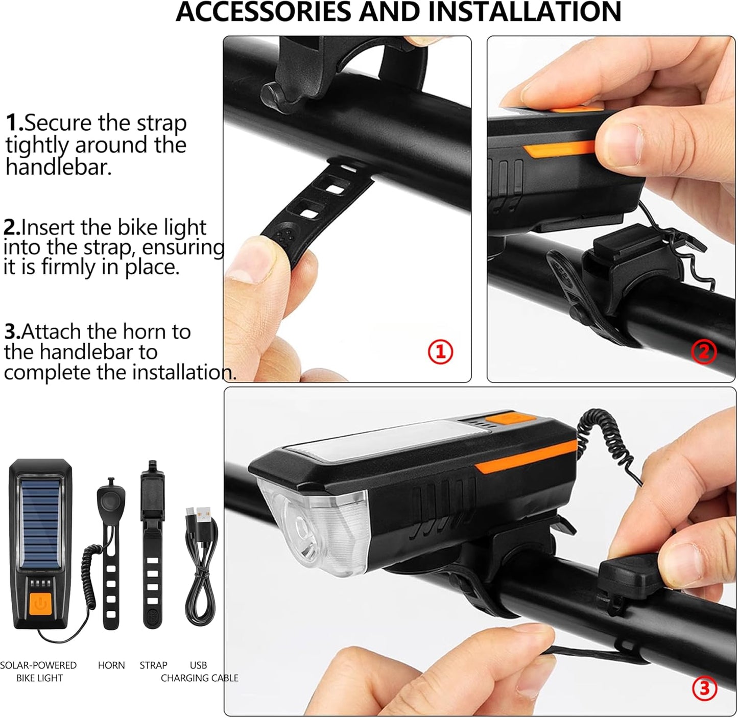 CoralBond Solar USB Bike Horn Headlight Dual Charging Light High Brightness Waterproof Ideal VB116