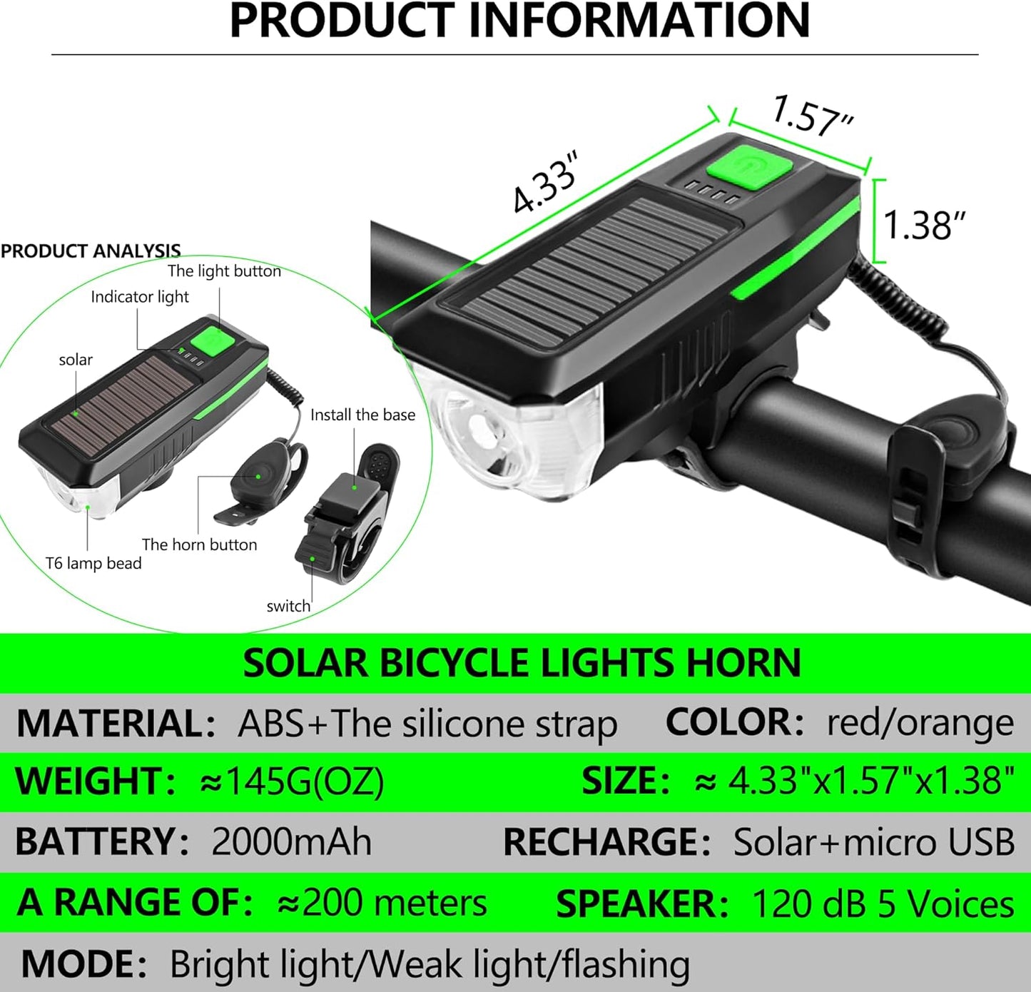 CoralBond Solar USB Bike Horn Headlight Dual Charging Light High Brightness Waterproof Ideal VB114