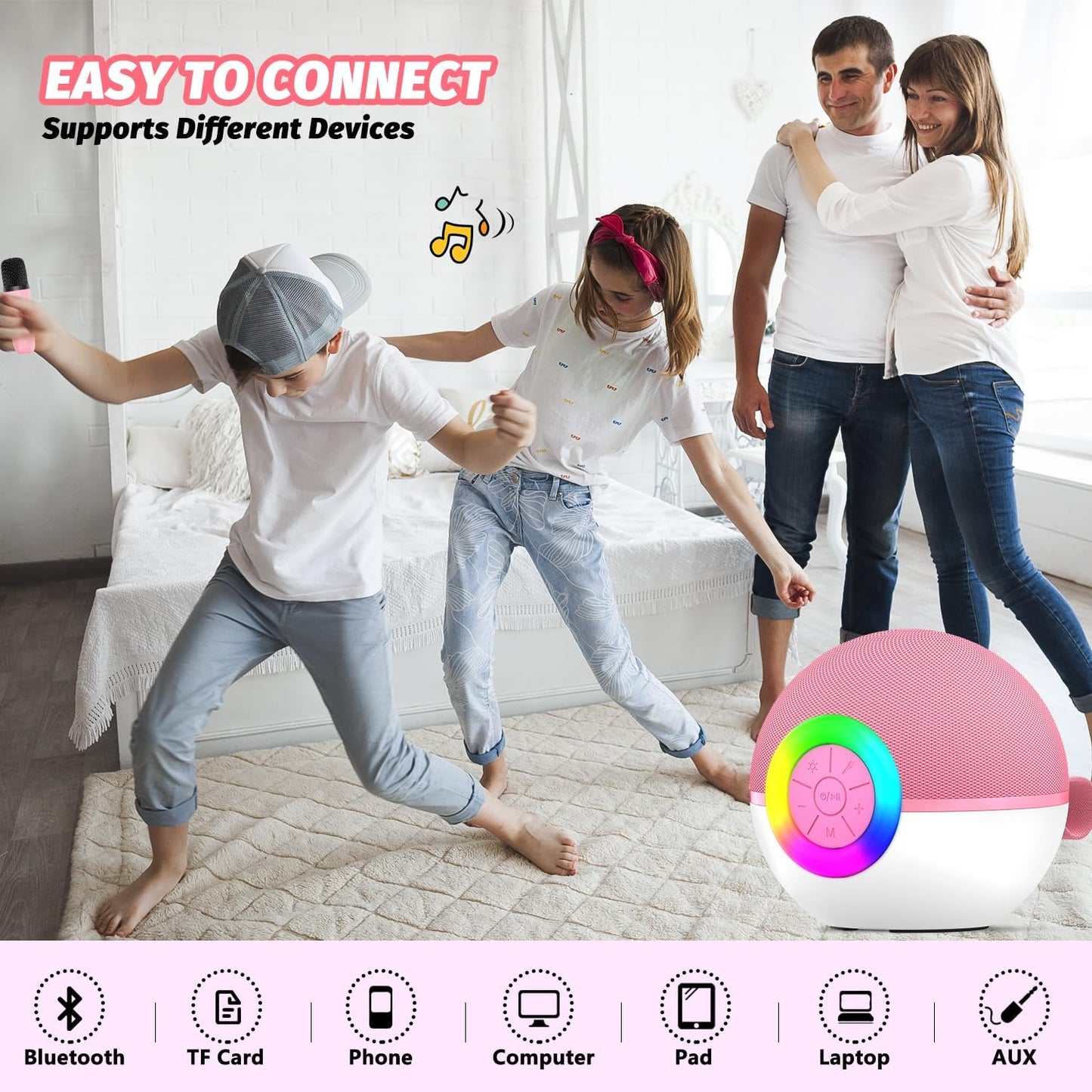 CoralBond Portable Mini Karaoke Machine Pink Adults Bluetooth Speaker 2 Wireless Microphones VB046