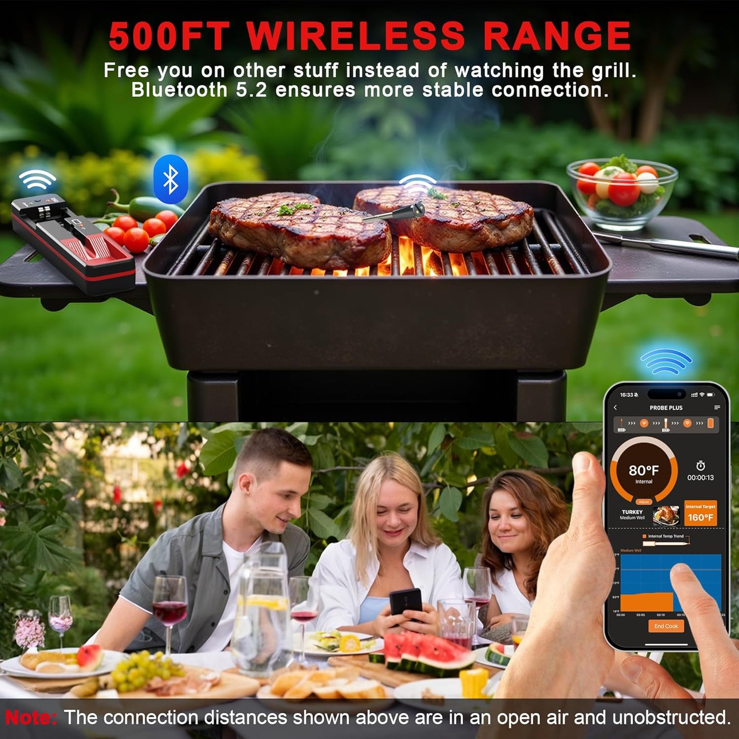 CoralBond 500FT Wireless Bluetooth Digital Meat Food Cooking Thermometer Thin Probe VB016