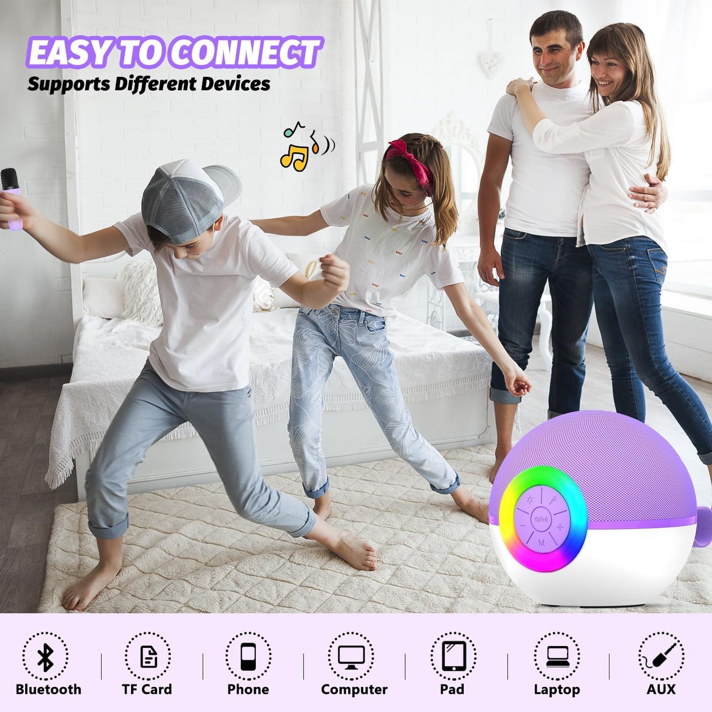 CoralBond Portable Mini Karaoke Machine Purple Adults Bluetooth Speaker 2 Wireless Microphones VB047
