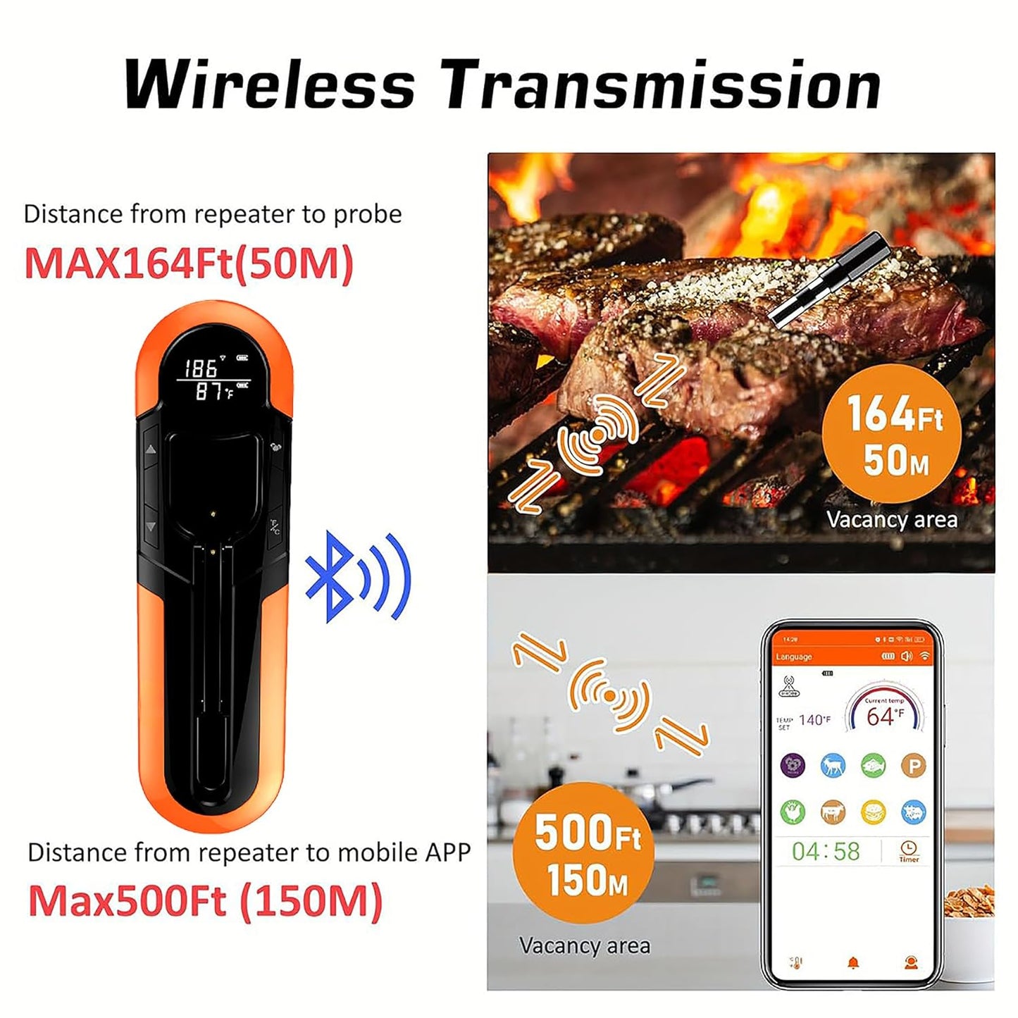 CoralBond Portable Wireless Digital Meat Cooking Thermometer Orange Grilling VB002