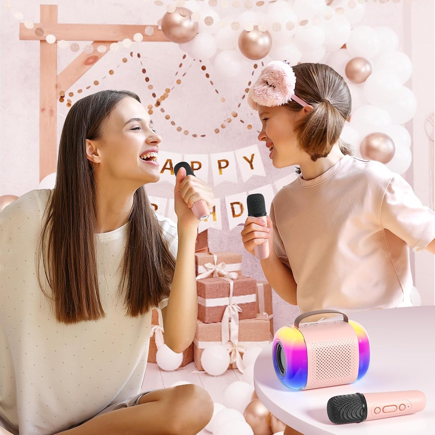 CoralBond Portable Mini Karaoke Machine 2 Wireless Microphones LED Home Party VB021