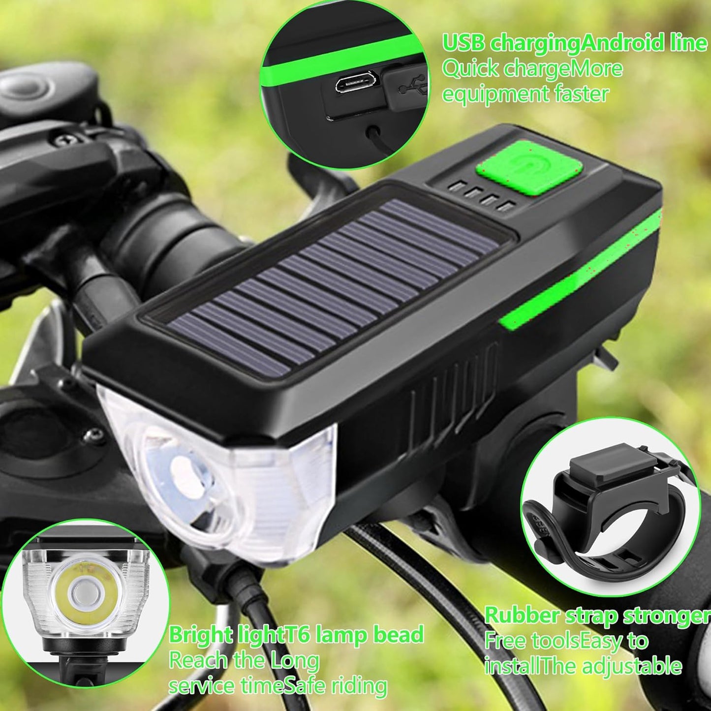 CoralBond Solar USB Bike Horn Headlight Dual Charging Light High Brightness Waterproof Ideal VB114