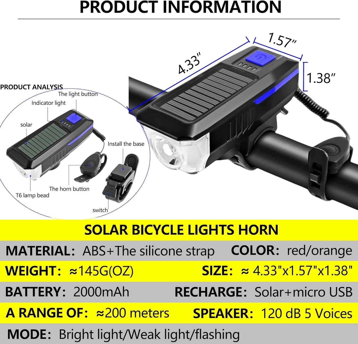 CoralBond Solar USB Bike Horn Headlight Dual Charging Light High Brightness Waterproof Ideal VB113