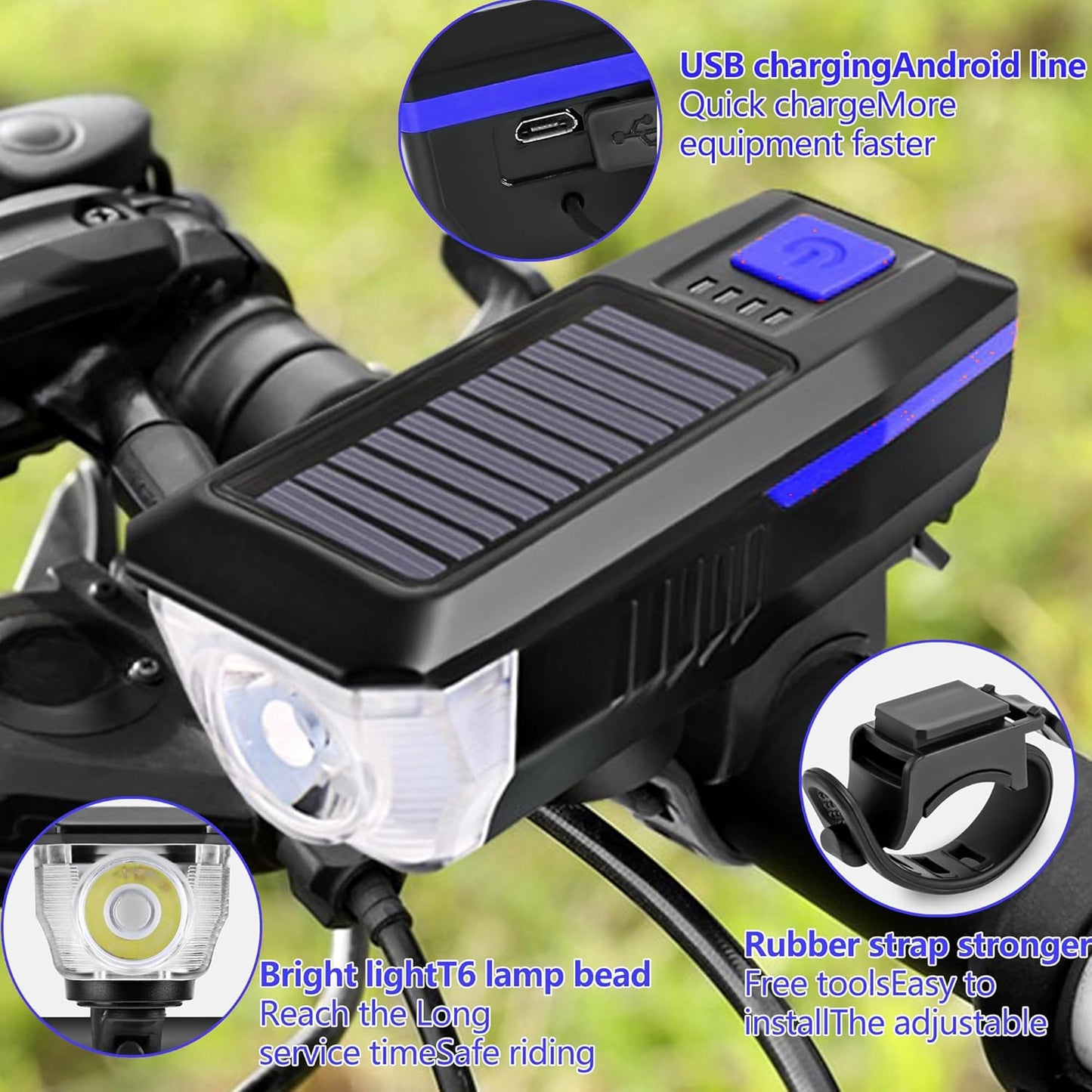 CoralBond Solar USB Bike Horn Headlight Dual Charging Light High Brightness Waterproof Ideal VB113