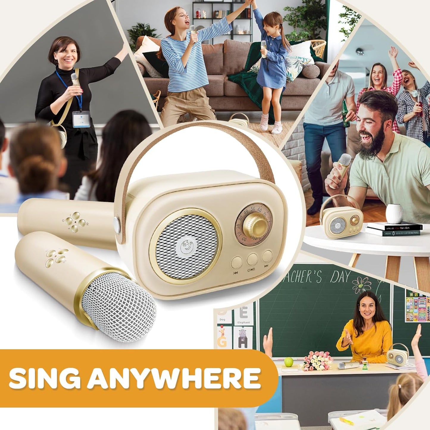 CoralBond Karaoke Machine Beige Best Mini 2 Wireless Bluetooth Microphones VB041