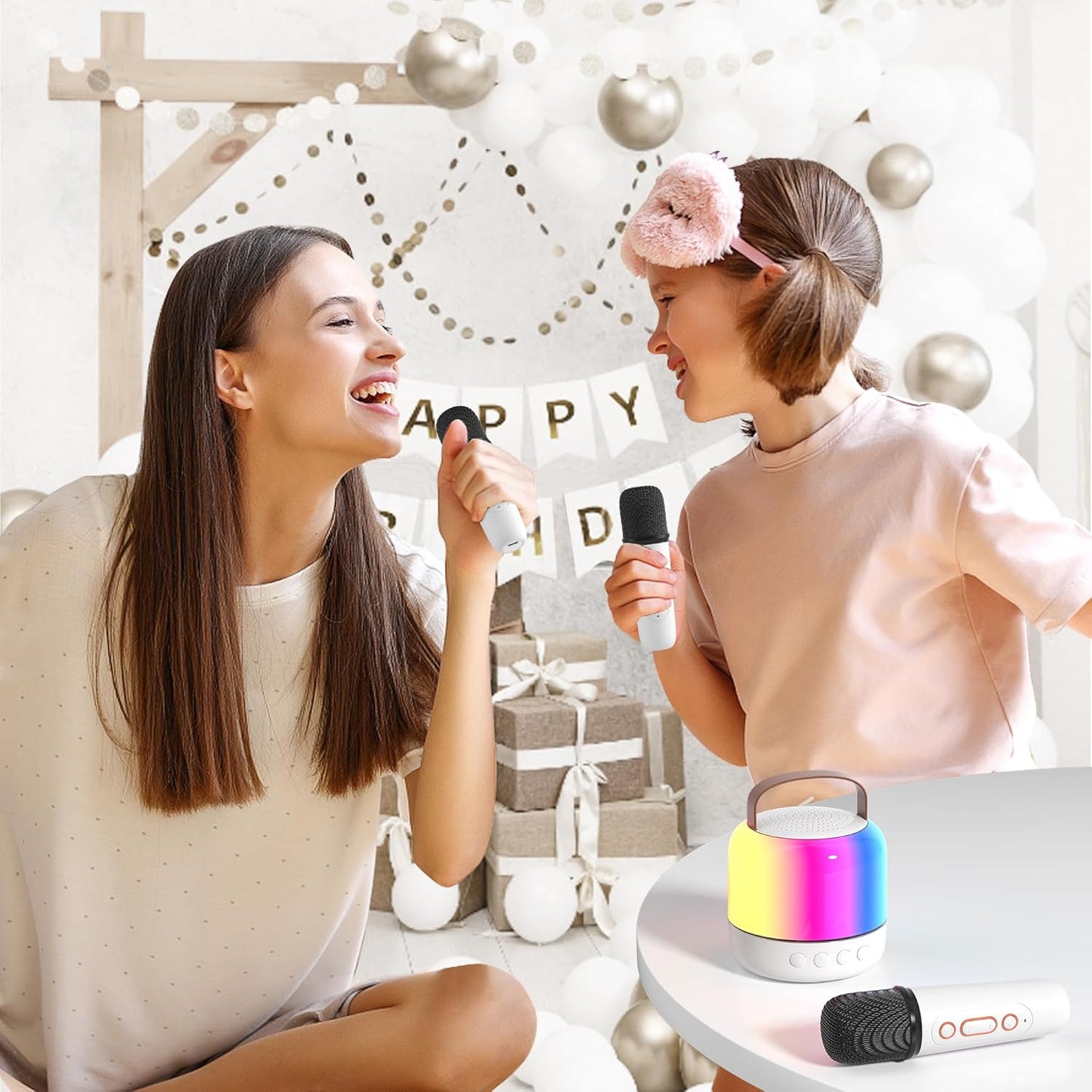 CoralBond Portable Mini Karaoke Machine 2 Wireless Microphones LED Home Party VB022