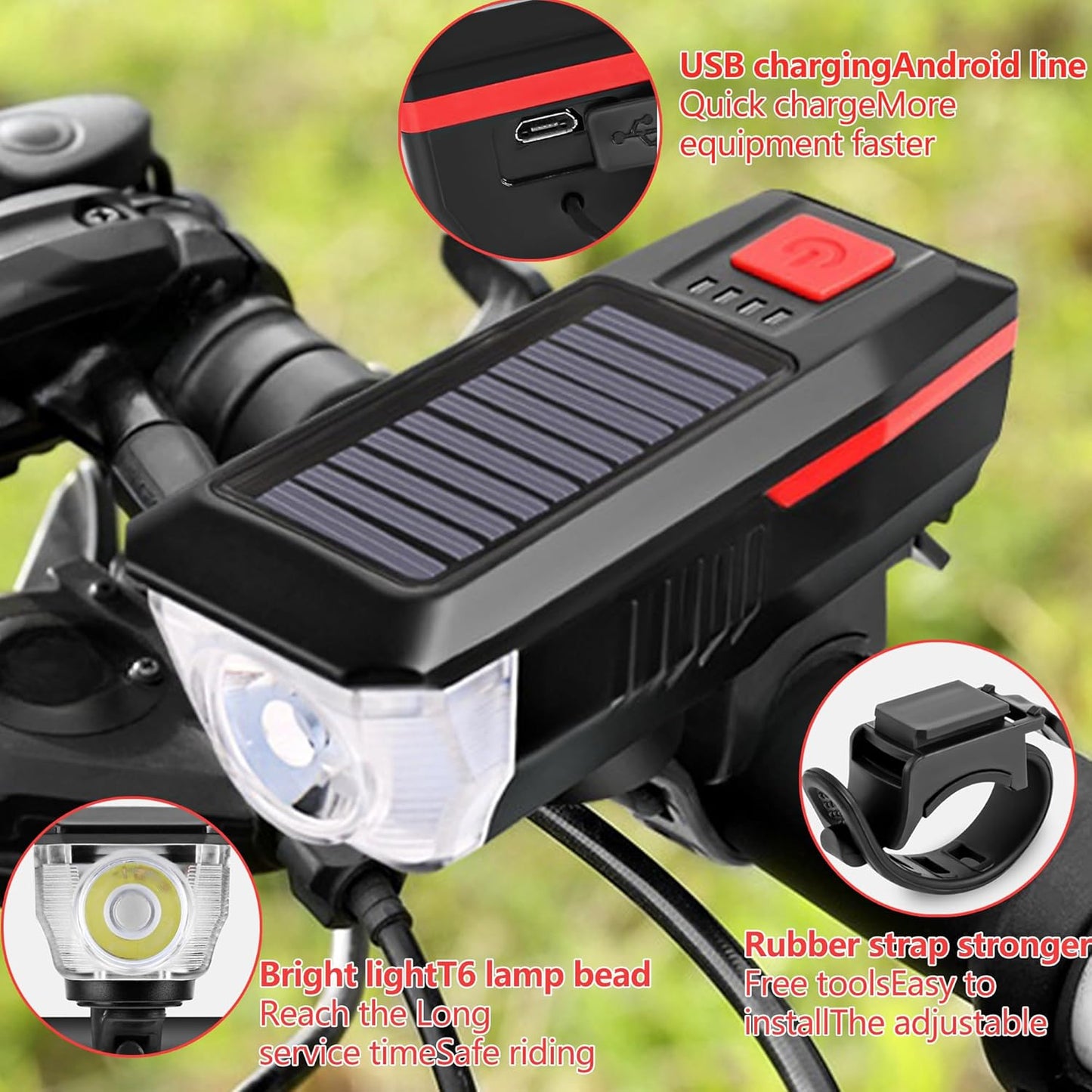 CoralBond Solar USB Bike Horn Headlight Dual Charging Light High Brightness Waterproof Ideal VB115