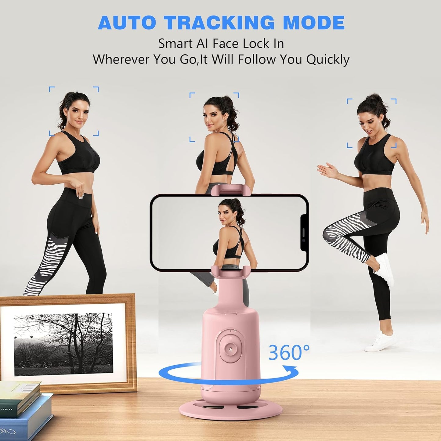 CoralBond Auto Face Tracking Smart Tripod Pink Remote Selfie Vlog Stick Gesture Control VB098