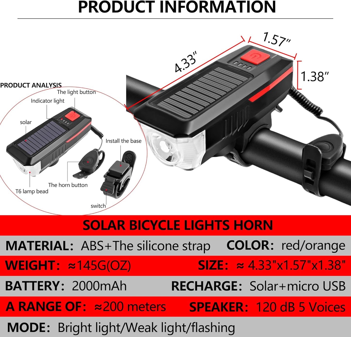 CoralBond Solar USB Bike Horn Headlight Dual Charging Light High Brightness Waterproof Ideal VB115
