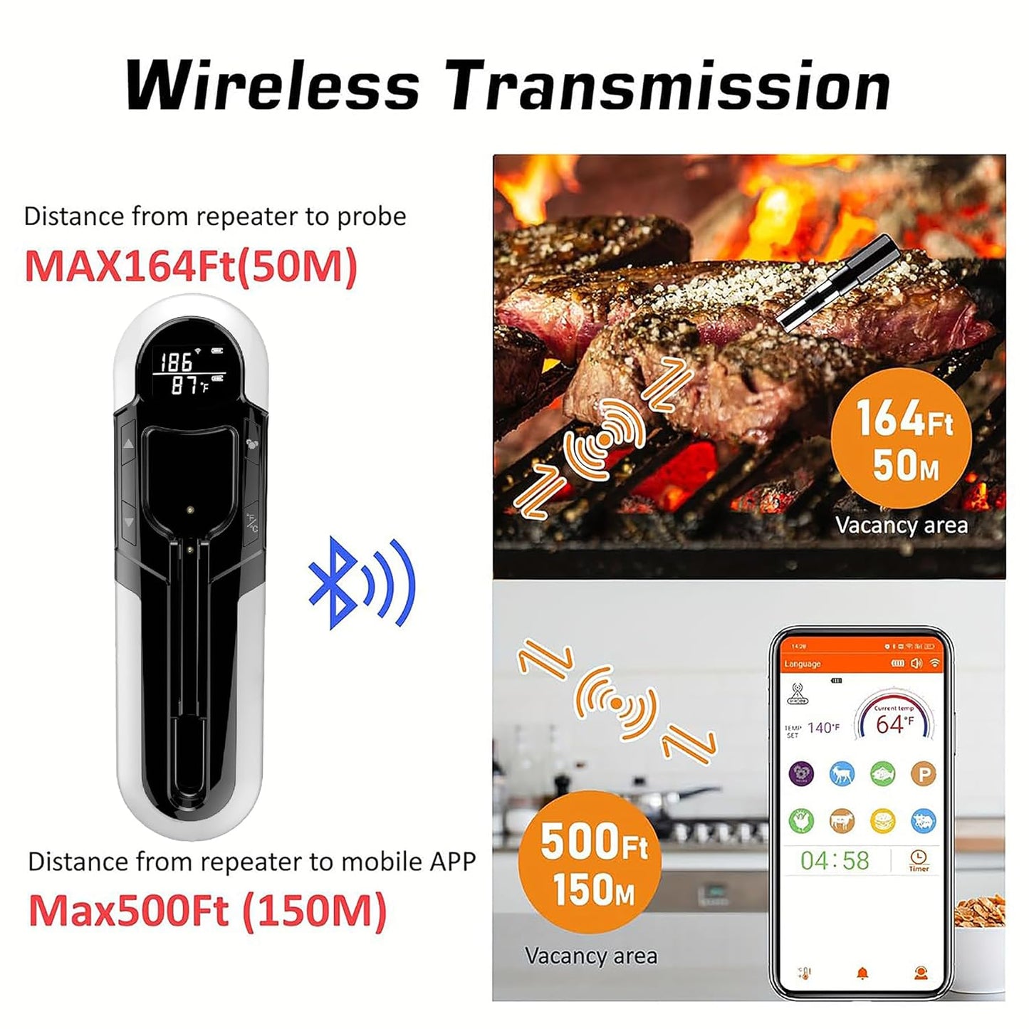 CoralBond Portable Wireless Digital Meat Cooking Thermometer Grey Grilling VB003