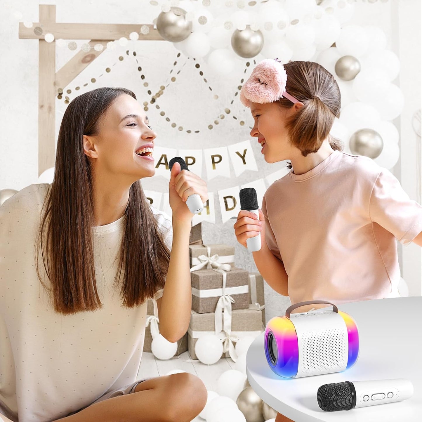 CoralBond Portable Mini Karaoke Machine 2 Wireless Microphones LED Home Party VB020