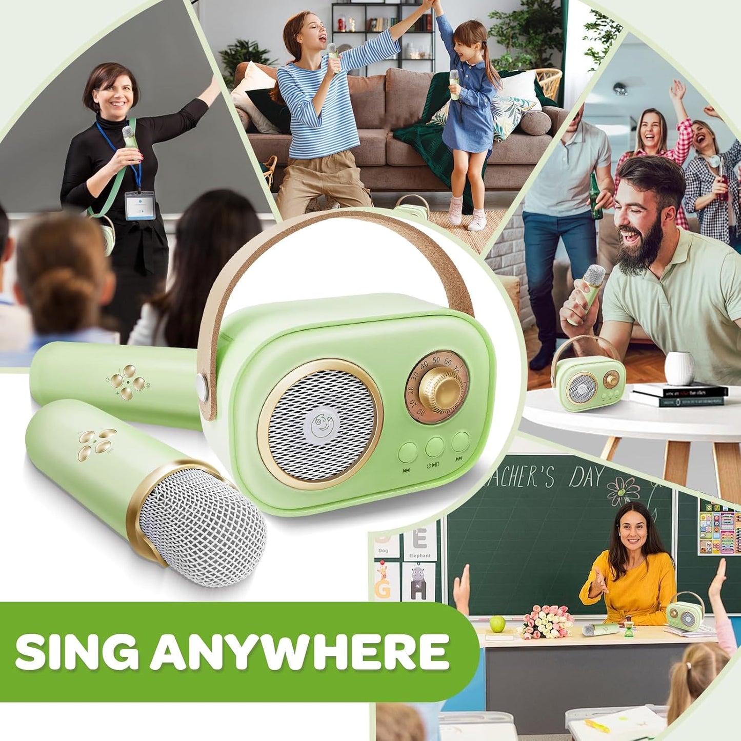 CoralBond Karaoke Machine Green Best Mini 2 Wireless Bluetooth Microphones VB042