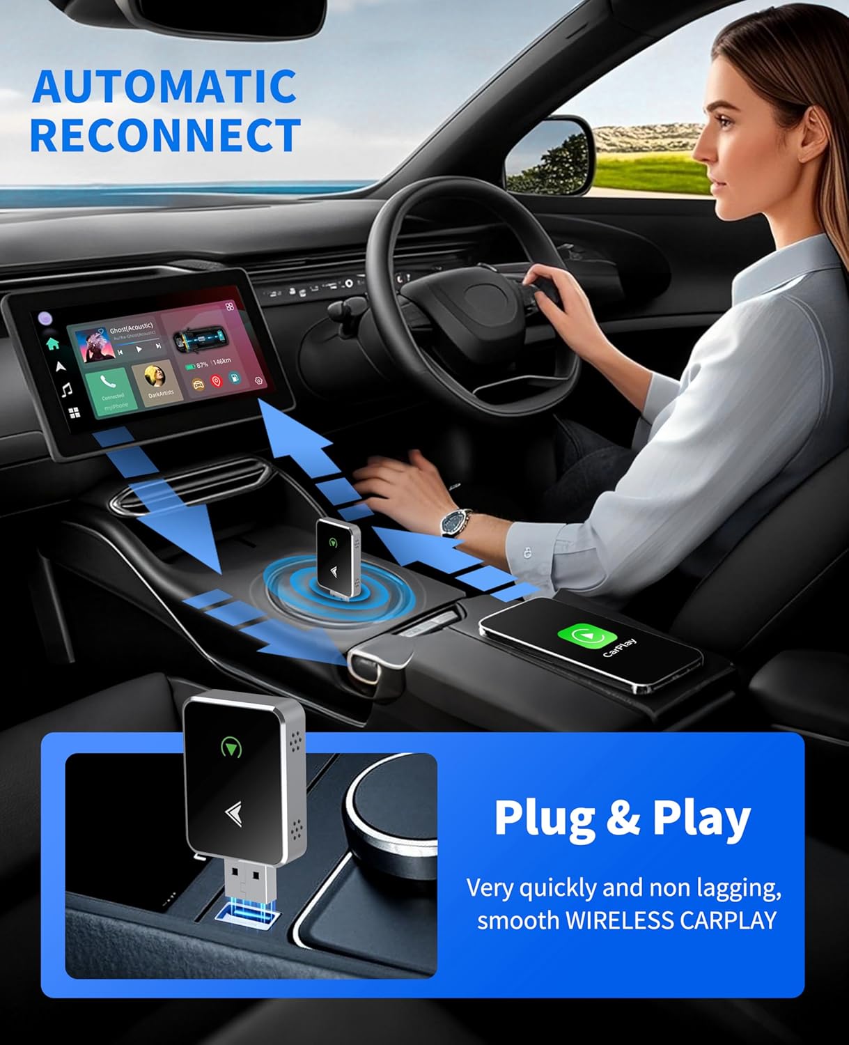 CoralBond Wireless 2-in-1 CarPlay Adapter Upgraded Mini Size Android Auto VB112
