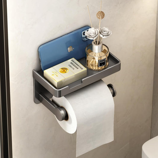 CoralBond Toilet Tissue Roll Paper Holder Gray Phone Shelf Self-Adhesive Screw-in Wall Mount VB012