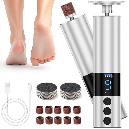 CoralBond Professional 2-in-1 Electric Foot Feet Callus Remover Silver Adjustable Portable Nail File Grinder Kit VB079