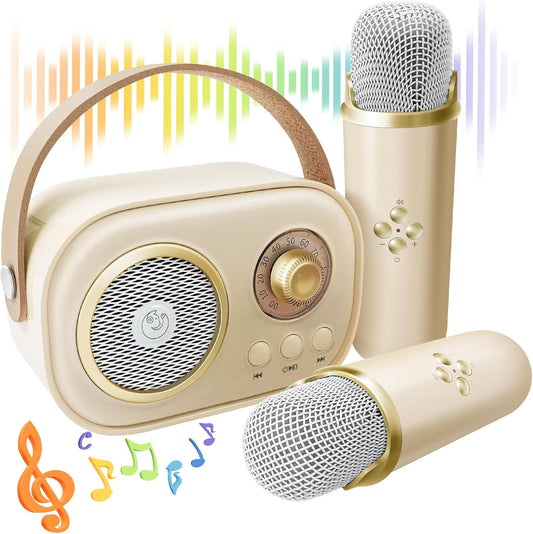 CoralBond Karaoke Machine Beige Best Mini 2 Wireless Bluetooth Microphones VB041