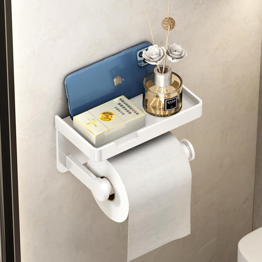 CoralBond Toilet Tissue Roll Paper Holder White Phone Shelf Self-Adhesive Screw-in Wall Mount VB013