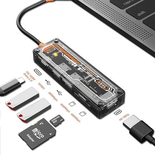 CoralBond 6-in-1 USB C Hub 100W PD 4K 60Hz HDMI 3.0 SD TF Card Reader Transparent Multiport Adapter Compatible VB109