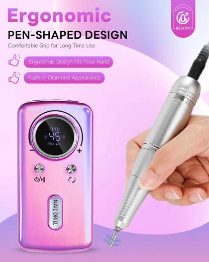CoralBond Professional Electric Nail Drill Portable Cordless Rechargeable File Kit 45000 RPM VB119