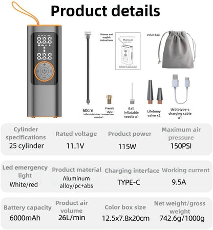 CoralBond 150 PSI Wireless Tire Inflator Air Compressor Blue Pressure Gauge Fast Emergency Tool VB006