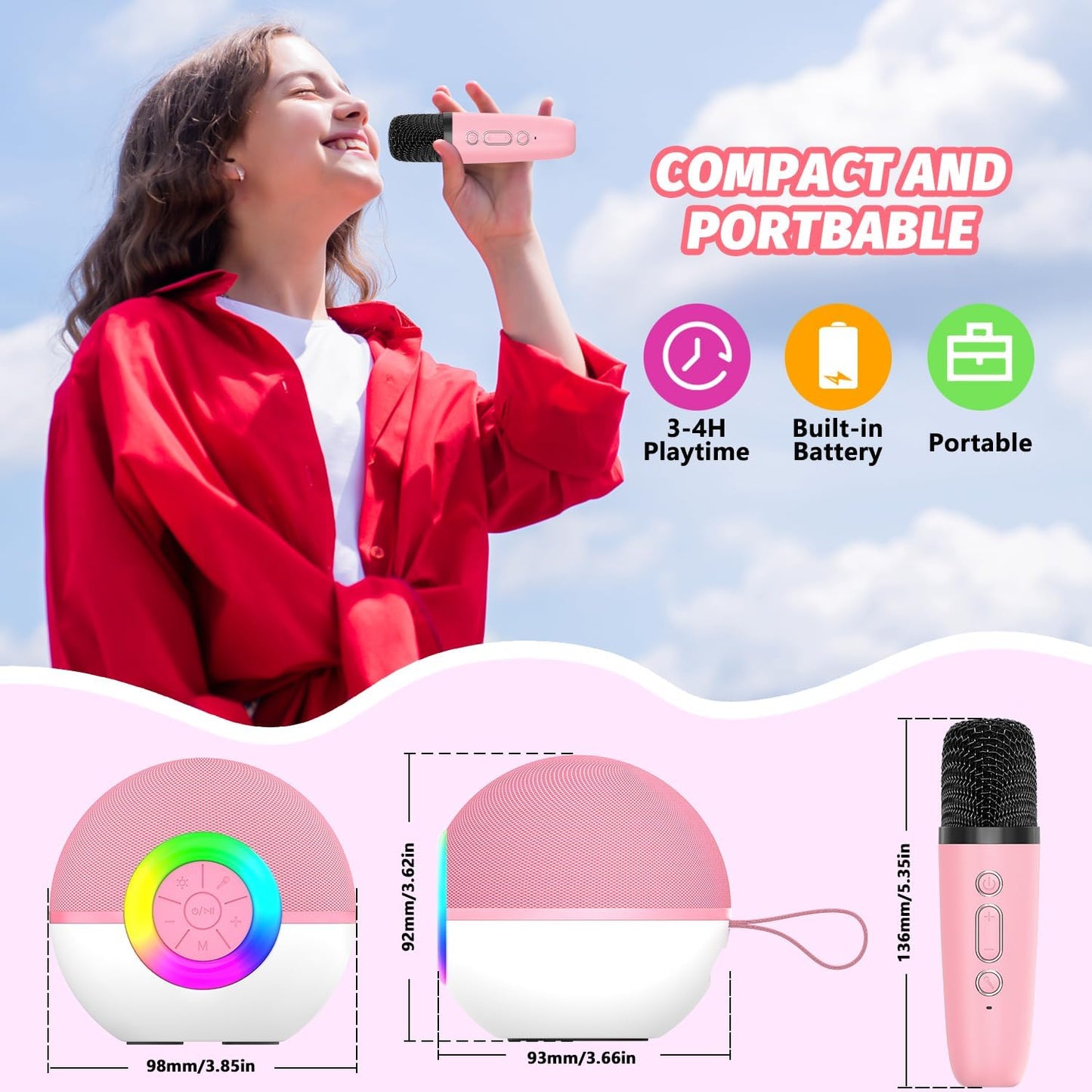 CoralBond Portable Mini Karaoke Machine Pink Adults Bluetooth Speaker 2 Wireless Microphones VB046
