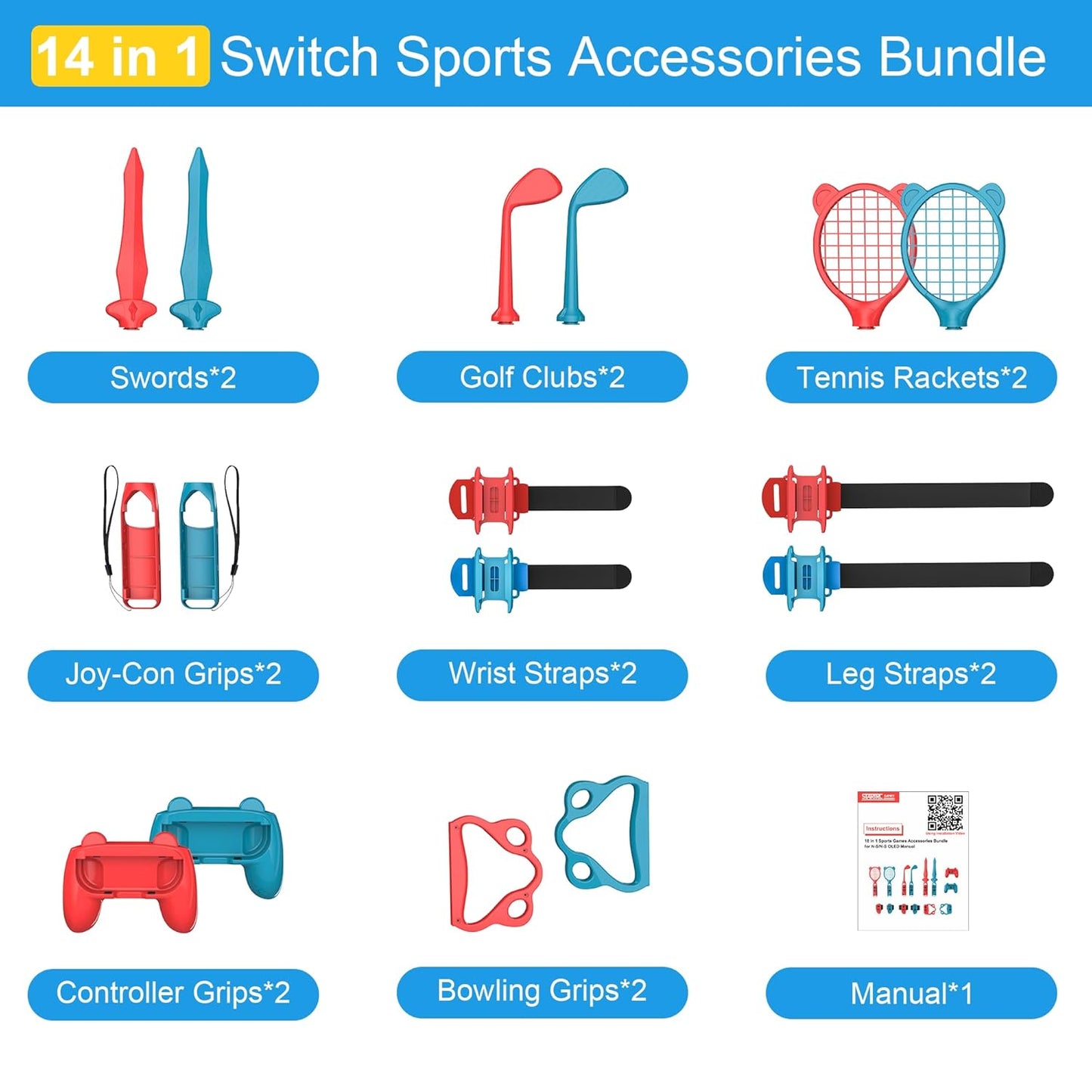 CoralBond 14-in-1 Switch Sports Accessories Bundle Games Kit Nintendo OLED Console Joy-Con VB064