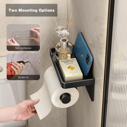 CoralBond Toilet Tissue Roll Paper Holder Black Phone Shelf Self-Adhesive Screw-in Wall Mount VB011